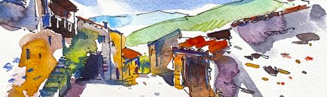 Aquarel·la d'un dels carrers d'Arsèguel, al Baridà (Alt Urgell).