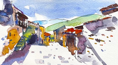 Aquarel·la d'un dels carrers d'Arsèguel, al Baridà (Alt Urgell).