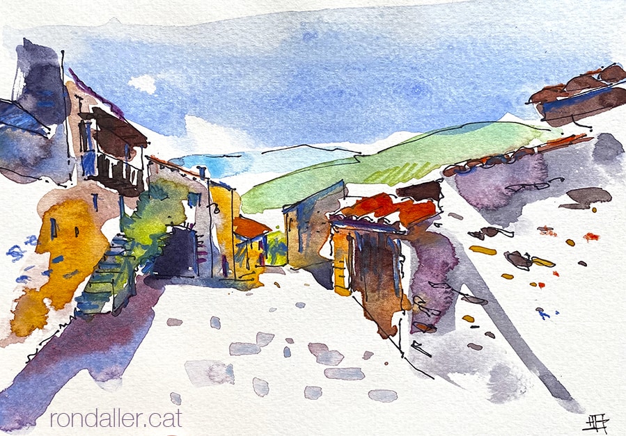 Aquarel·la d'un dels carrers d'Arsèguel, al Baridà (Alt Urgell).