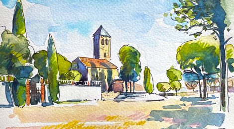 Aquarel·la de l'església romànica de Santa Maria de Barberà del Vallès.