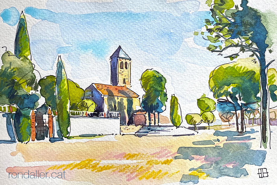 Aquarel·la de l'església romànica de Santa Maria de Barberà del Vallès.