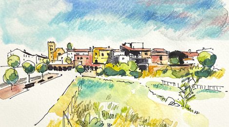 Aquarel·la amb una panoràmica de Breda, població de La Selva.
