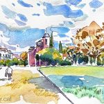 Aquarel·la amb una panoràmica del Parc de la Ciutadella de Barcelona amb l'edifici de la parròquia Castrense.