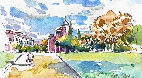 Aquarel·la amb una panoràmica del Parc de la Ciutadella de Barcelona amb l'edifici de la parròquia Castrense.