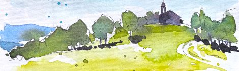 Aquarel·la de l'ermita de Santa Maria de Puig Aguilar, a Guixers, població del Solsonès.
