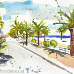 Aquarel·la amb una panoràmica del passeig marítim de Mataró (Maresme).