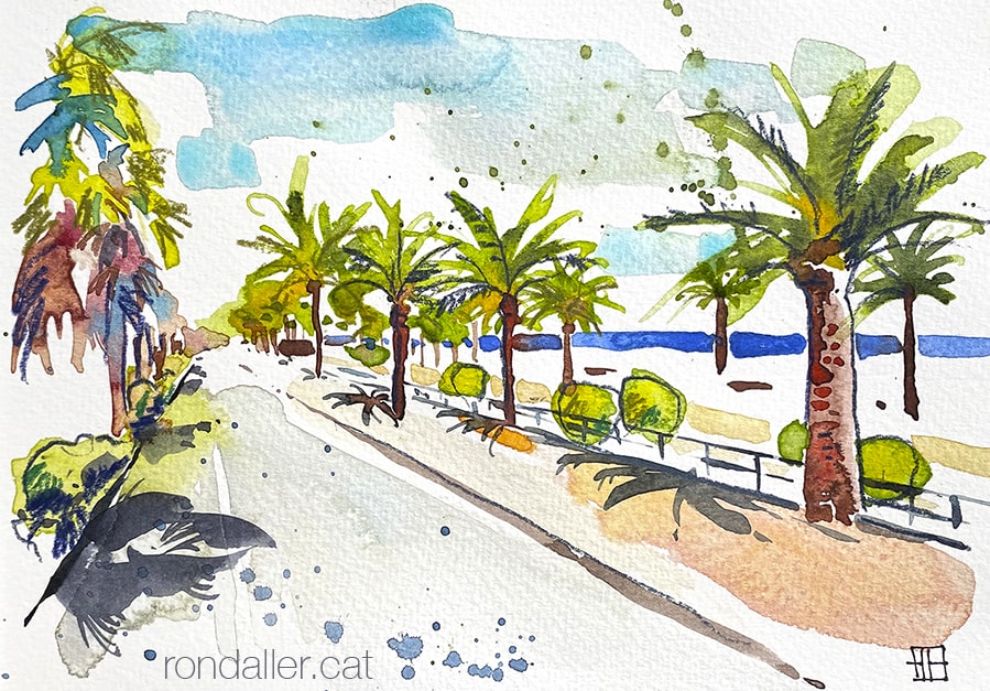 Aquarel·la amb una panoràmica del passeig marítim de Mataró (Maresme).