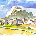 Aquarel·la amb una panoràmica de la vila d'Organyà amb la muntanya de Santa Fe al fons, a l'Alt Urgell.