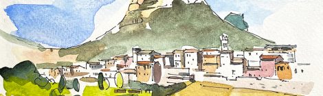 Aquarel·la amb una panoràmica de la vila d'Organyà amb la muntanya de Santa Fe al fons, a l'Alt Urgell.