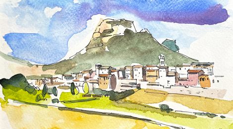 Aquarel·la amb una panoràmica de la vila d'Organyà amb la muntanya de Santa Fe al fons, a l'Alt Urgell.