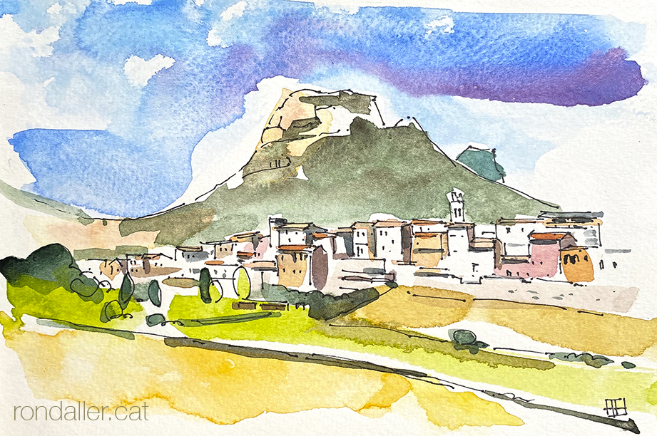 Aquarel·la amb una panoràmica de la vila d'Organyà amb la muntanya de Santa Fe al fons, a l'Alt Urgell.