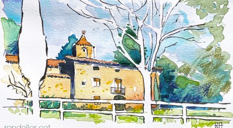 Aquarel·la de l'església de Sant Cristòfol de Cerdans, dins el terme d'Arbúcies.