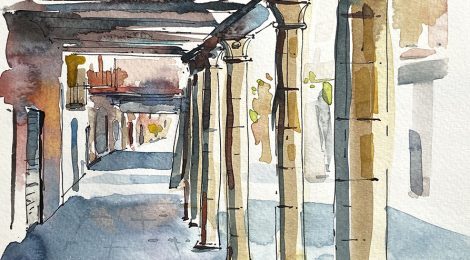 Aquarel·la de les porxades del carrer dels Canonges.
