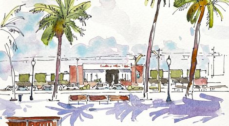 Aquarel·la del passeig Marítim de Badalona, amb el restaurant al fons.