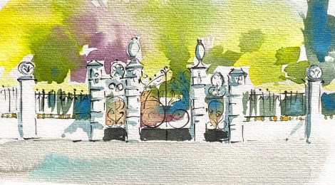 Aquarel·la de l'entrada monumental de les Escoles Ribas de Rubí, projectades per l'arquitecte Emili Sala Cortés.