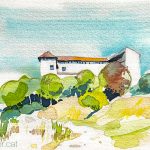 Aquarel·la amb una panoràmica del castell de Rubí, al barri de la Plana del Castell.