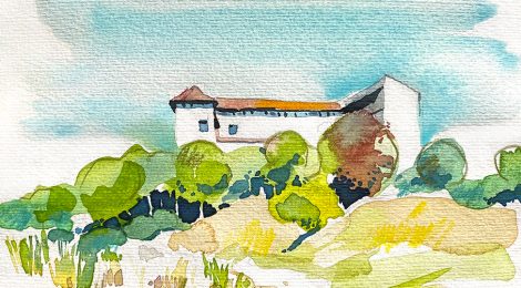 Aquarel·la amb una panoràmica del castell de Rubí, al barri de la Plana del Castell.