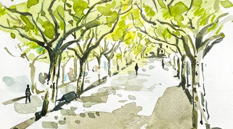 Aquarel·la del passeig Joan Brudieu, amb les tres fileres de plataners que li donen ombra.