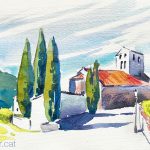 Aquarel·la de l'església romànica de Sant Feliu de Beuda, a la Garrotxa.