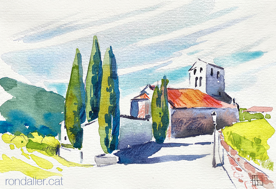 Aquarel·la de l'església romànica de Sant Feliu de Beuda, a la Garrotxa.