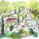 Aquarel·la amb una panoràmica de Cabrils, població situada a la comarca del Maresme.