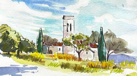 Aquarel·la de l'església de Sant Esteve de Castellar Vell, a Castellar del Vallès, Vallès Occidental.
