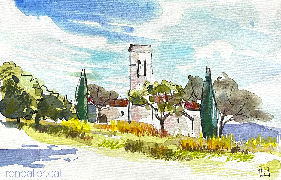 Aquarel·la de l'església de Sant Esteve de Castellar Vell, a Castellar del Vallès, Vallès Occidental.