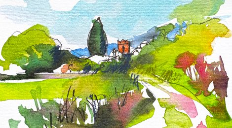 Aquarel·la de l'església de Sant Cebrià de Fogars, a la Selva.