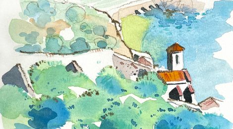 Aquarel·la de Miravet a la comarca de la Ribera d'Ebre, amb el riu de fons.