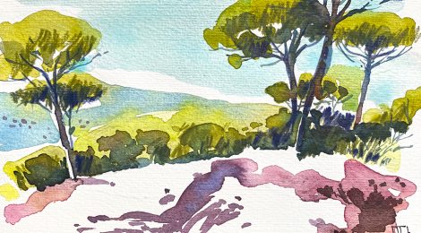 Aquarel·la dels boscos que cobreixen el Montcabrer, al terme de Cabrils (Maresme).