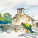 Aquarel·la de l'església romànica del Sant Sepulcre de Palera, dins el municipi de Beuda, a la Garrotxa.