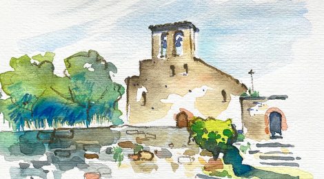 Aquarel·la de l'església romànica del Sant Sepulcre de Palera, dins el municipi de Beuda, a la Garrotxa.