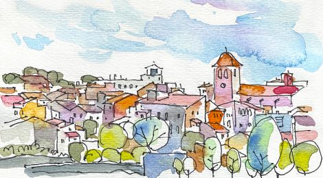 Aquarel·la de Riudencanyes, població de la comarca del Baix Camp de Tarragona.