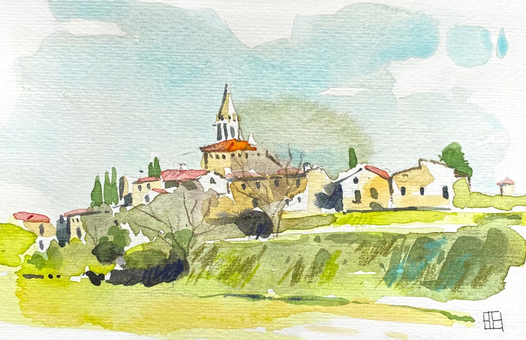 Aquarel·la de la vila medieval de Sant Martí Vell, dins la comarca del Gironès.