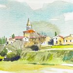 Aquarel·la de la vila medieval de Sant Martí Vell, dins la comarca del Gironès.