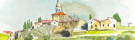 Aquarel·la de la vila medieval de Sant Martí Vell, dins la comarca del Gironès.