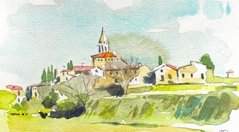 Aquarel·la de la vila medieval de Sant Martí Vell, dins la comarca del Gironès.