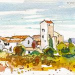 Aquarel·la d'Avinyonet del Penedès, on destaca el campanar del monestir de Sant Sebastià dels Gorgs.