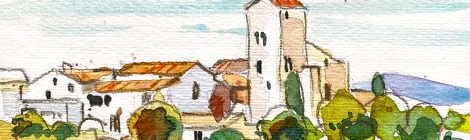 Aquarel·la d'Avinyonet del Penedès, on destaca el campanar del monestir de Sant Sebastià dels Gorgs.