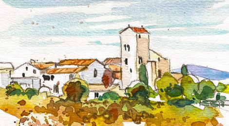 Aquarel·la d'Avinyonet del Penedès, on destaca el campanar del monestir de Sant Sebastià dels Gorgs.