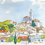 Aquarel·la amb una panoràmica de Cadaqués, població de la Costa Brava a l'Alt Empordà.