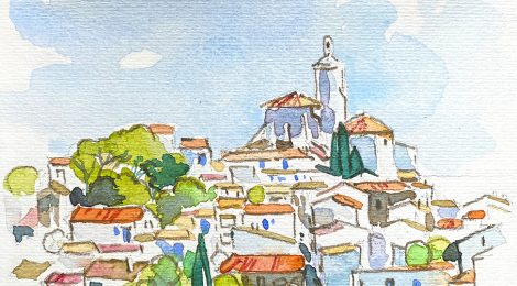 Aquarel·la amb una panoràmica de Cadaqués, població de la Costa Brava a l'Alt Empordà.