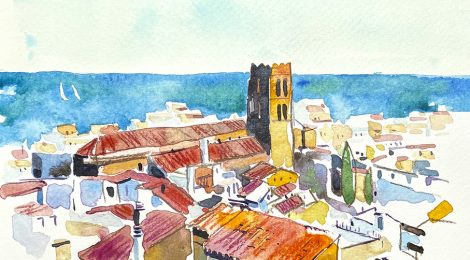 Aquarel·la amb una panoràmica de Blanes, on destacael campanar de l'església de Santa Maria.