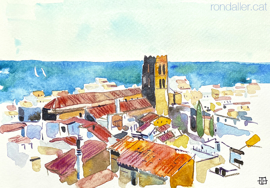 Aquarel·la amb una panoràmica de Blanes, on destacael campanar de l'església de Santa Maria.