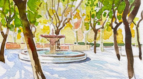 Aquarel·la amb un racó del Parc Dalmau de Calella, al Maresme.
