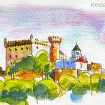 Aquarel·la amb una panoràmica del castell de Castelldefels, al Baix Llobregat.