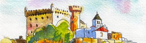 Aquarel·la amb una panoràmica del castell de Castelldefels, al Baix Llobregat.