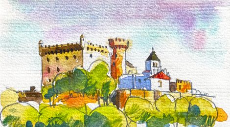 Aquarel·la amb una panoràmica del castell de Castelldefels, al Baix Llobregat.