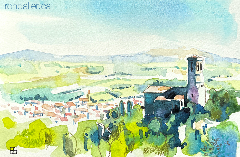 Aquarel·la amb una panoràmica de Gelida (Alt Penedès) amb l'església de Sant Pere en primer pla.