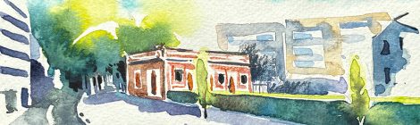 Aquarel·la de l'edifici d'aigües del Canal de la Infanta a Molins de Rei.